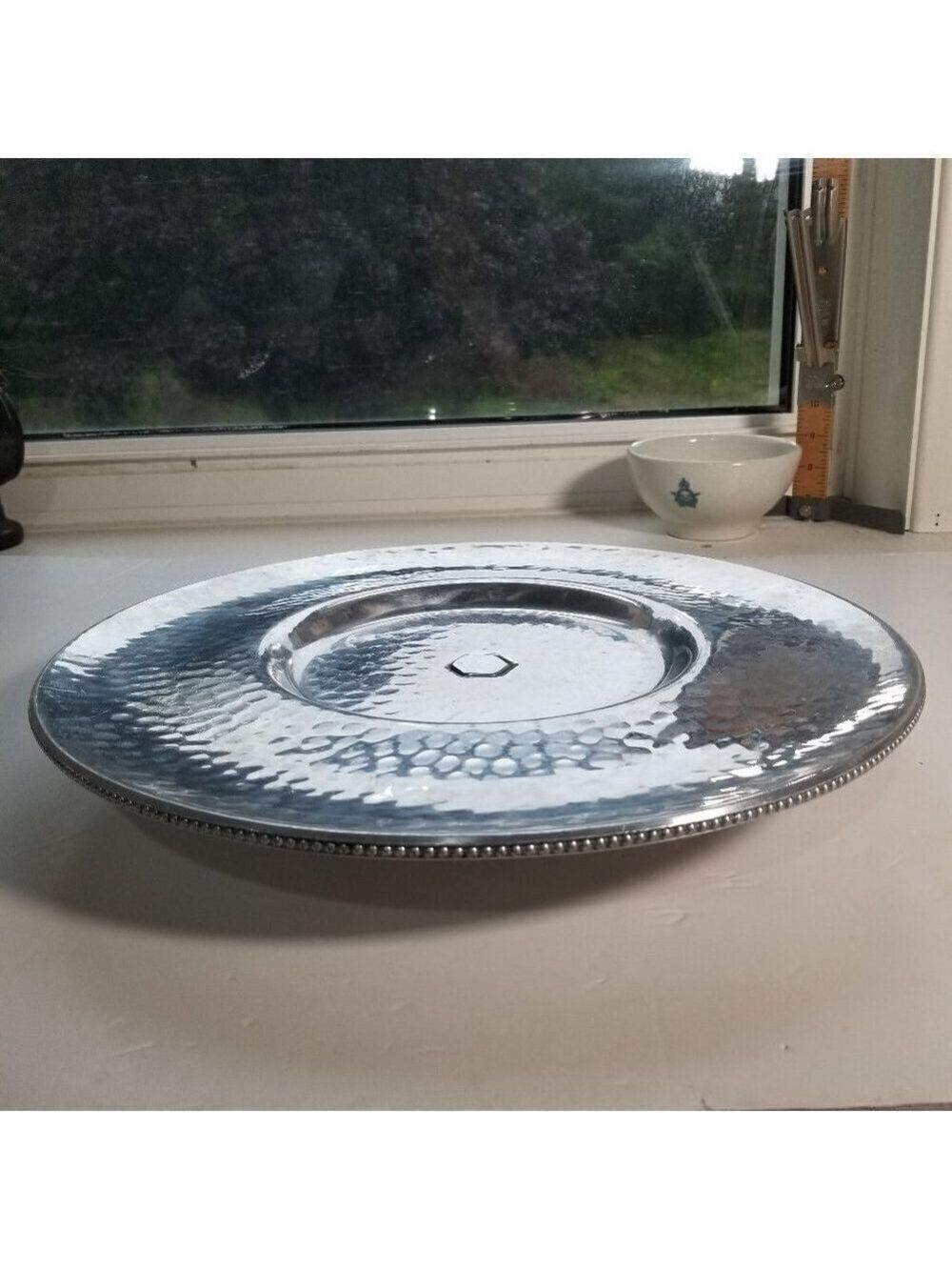 Vintage Hammered Aluminum Lazy Susan Rotating Tray Beaded Edge Serving Platter